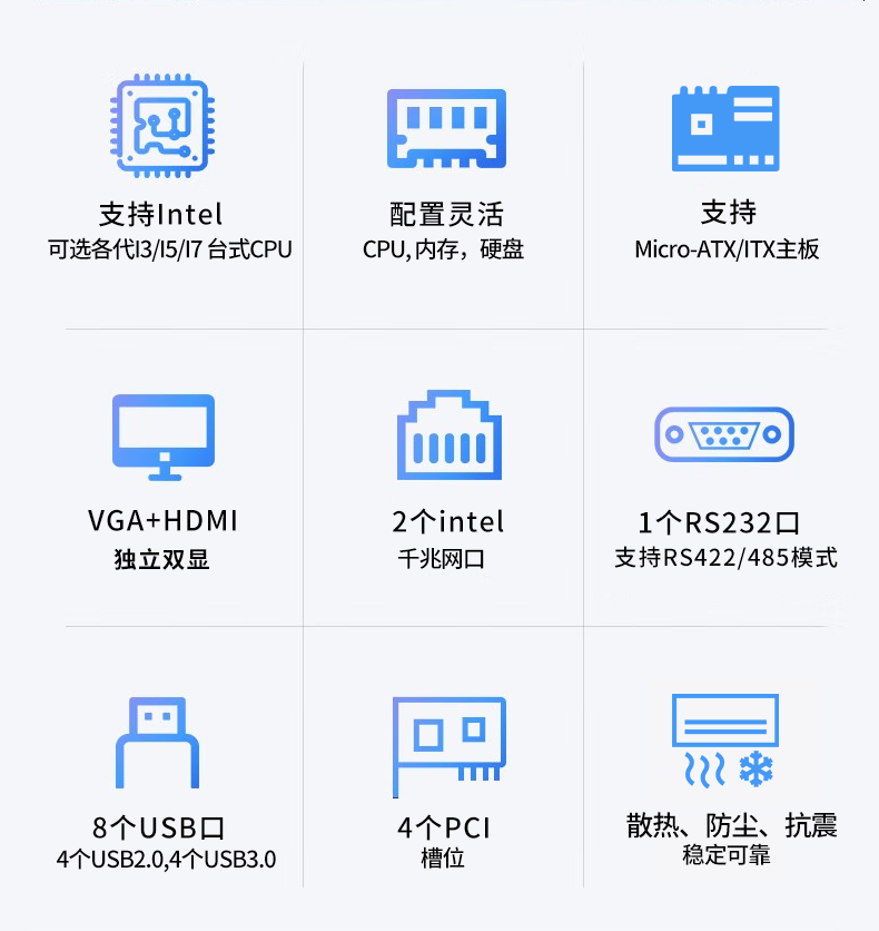 支架安装嵌入式工控机,4个扩展槽位,支持Micro ATX/ITX规范主板